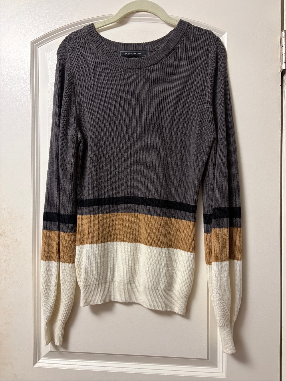 BCBGMaxAzria Ribbed Colorblock Crew Sweater in Gray, Tan & White - Picture 2 of 3
